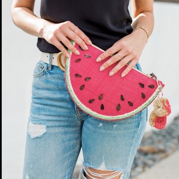 NWT J. Crew x Kayu Raffia Watermelon Clutch Red straw bag purse chain clutch - Picture 3 of 9